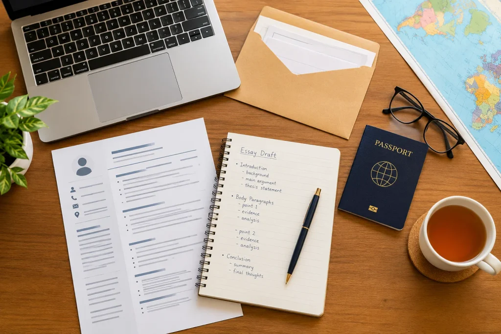Application documents including SOP, CV and reference letters on a desk