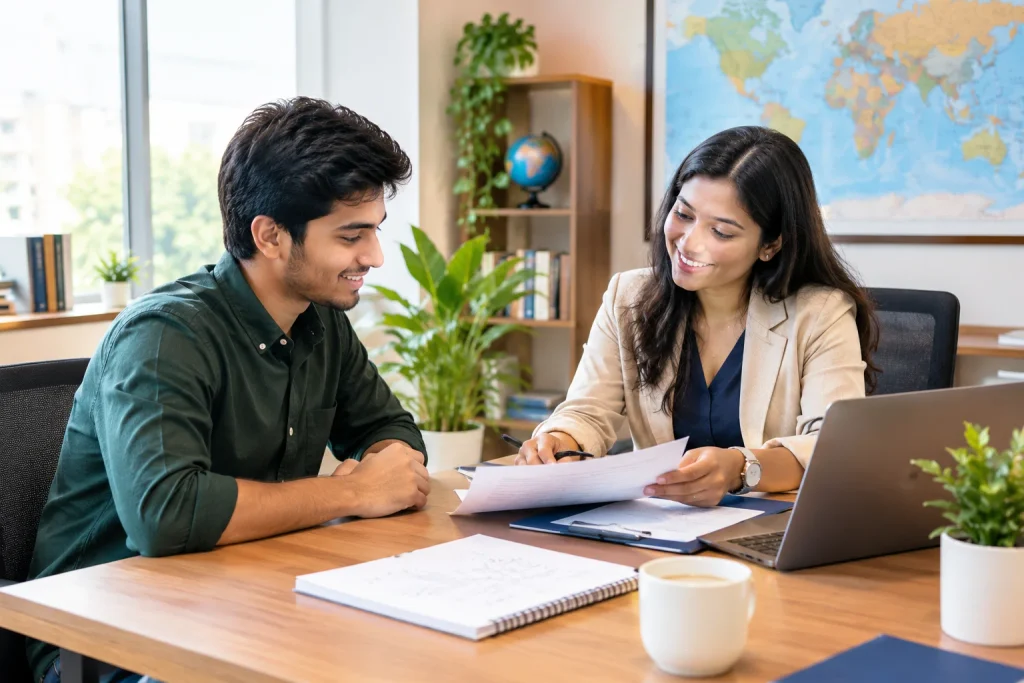 Education consultant guiding a student on Canada study visa and admission