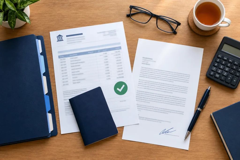 Organised bank statement, passport and financial documents prepared for a UK student visa