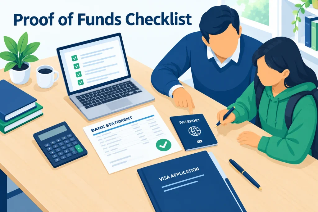 Student and parent preparing bank statement and documents for a study visa application from Bangladesh