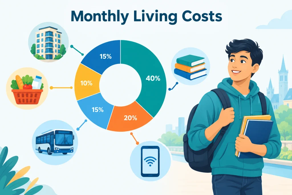 Donut chart showing monthly living cost breakdown for Bangladeshi students studying abroad