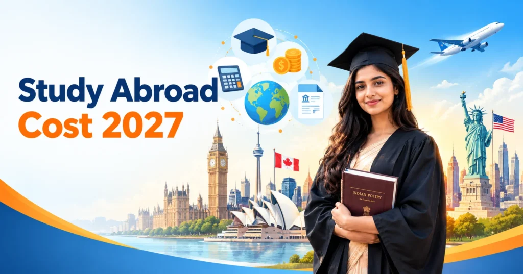 Bangladeshi student planning the study abroad cost from Bangladesh 2027 with passport, laptop and world landmarks