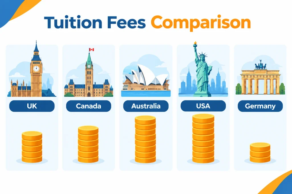 Infographic comparing tuition fees for the UK, Canada, Australia, USA and Germany for the 2027 intake