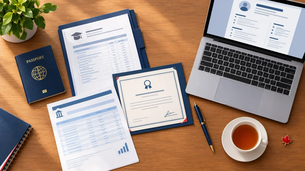 Documents for Canada study gap explanation including experience letter, bank statement and transcripts